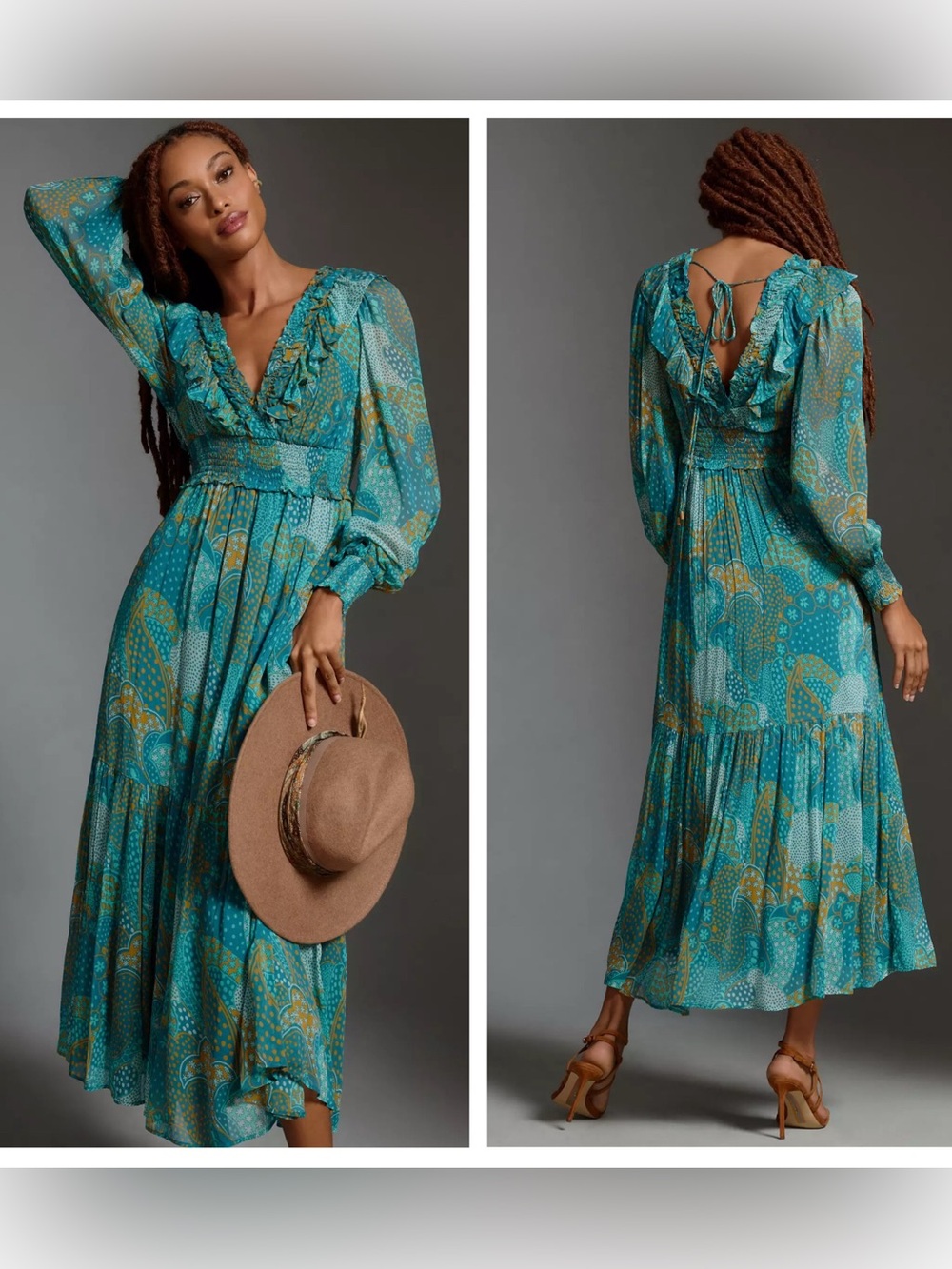 Anthropologie Odetta Ruffled V neck maxi dress long sleeve blue boho flowy sz S